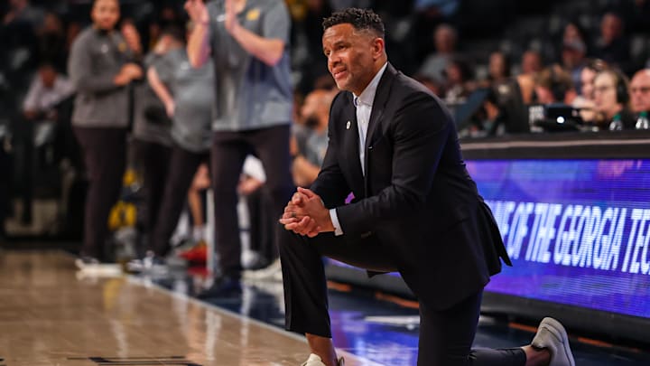 Mar 4, 2026; Atlanta, Georgia, USA; Georgia Tech Yellow Jackets head coach Damon Stoudamire during the game against the California Golden Bears during the second half at McCamish Pavilion. Mandatory Credit: Jordan Godfree-Imagn Images