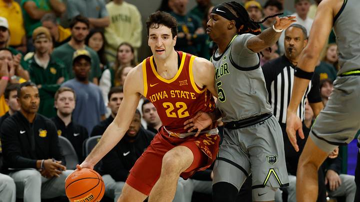 Jan 7, 2026; Waco, Texas, USA; Iowa State Cyclones forward Milan Momcilovic (22) drives to the basket as Baylor Bears guard Obi Agbim (5) defends during the first half at Paul and Alejandra Foster Pavilion. Jan 7, 2026; Waco, Texas, USA; Iowa State Cyclones forward Milan Momcilovic (22) drives to the basket as Baylor Bears guard Obi Agbim (5) defends during the first half at Paul and Alejandra Foster Pavilion.