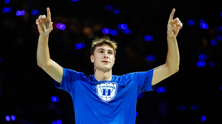 Oct 4, 2024; Durham, NC, USA; Duke Blue Devils guard Cooper Flagg (2) is introduced to the fans during Countdown to Craziness at Cameron Indoor Stadium. Mandatory Credit: Jaylynn Nash-Imagn Images