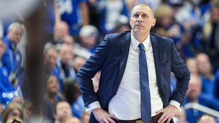 Kentucky head coach Mark Pope tried rally his team during the game against visiting Arkansas but the Wildcats lost to the Hogs 89-79 Saturday Feb. 1, 2025 at Rupp Arena in Lexington, Kentucky. Kentucky head coach Mark Pope tried rally his team during the game against visiting Arkansas but the Wildcats lost to the Hogs 89-79 Saturday Feb. 1, 2025 at Rupp Arena in Lexington, Kentucky.