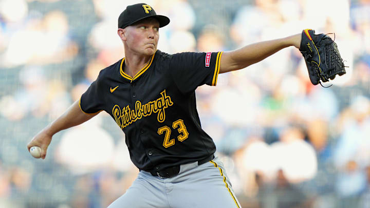Jul 8, 2025; Kansas City, Missouri, USA; Pittsburgh Pirates starting pitcher Mitch Keller (23) pitches during the first inning against the Kansas City Royals at Kauffman Stadium. Mandatory Credit: Jay Biggerstaff-Imagn Images
