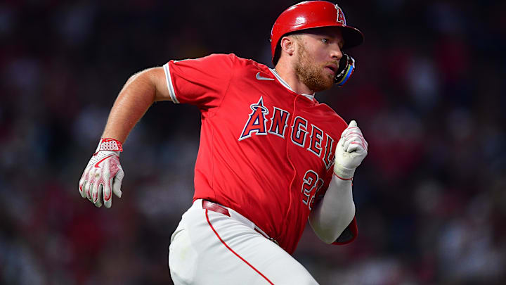 Los Angeles Angels second baseman Brandon Drury runs after hitting a double against the Atlanta Braves during the fourth inning at Angel Stadium on Aug. 16, 2024. Los Angeles Angels second baseman Brandon Drury runs after hitting a double against the Atlanta Braves during the fourth inning at Angel Stadium on Aug. 16, 2024.