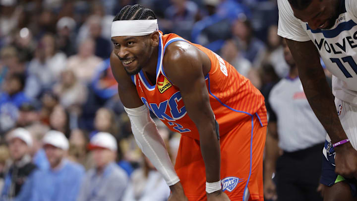 Nov 26, 2025; Oklahoma City, Oklahoma, USA; Oklahoma City Thunder guard Shai Gilgeous-Alexander (2) smiles during a break in play while the Minnesota Timberwolves shoots free throws during the second half at Paycom Center. Mandatory Credit: Alonzo Adams-Imagn Images