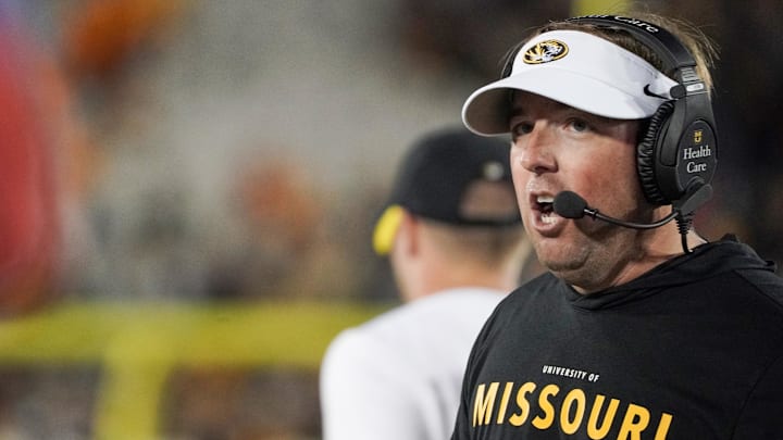 Oct 1, 2022; Columbia, Missouri, USA; Missouri Tigers head coach Eli Drinkwitz reacts on the sidelines against the Georgia Bulldogs during the second half at Faurot Field at Memorial Stadium. Mandatory Credit: Denny Medley-Imagn Images