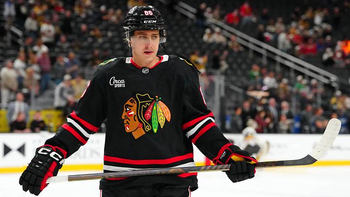 Mar 14, 2026; Las Vegas, Nevada, USA; Chicago Blackhawks center Teuvo Teravainen (86) warms up before a game against the Vegas Golden Knights at T-Mobile Arena. Mandatory Credit: Stephen R. Sylvanie-Imagn Images