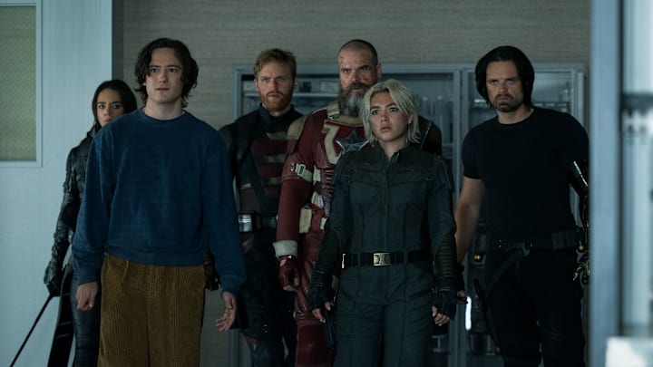 Ghost (Hannah John-Kamen), Bob (Lewis Pullman), John Walker (Wyatt Russell), Alexei Shostakov/Red Guardian (David Harbour), Yelena Belova (Florence Pugh) and Bucky Barnes (Sebastian Stan)in Marvel Studios' THUNDERBOLTS*. Photo by Chuck Zlotnick. © 2025 MARVEL.