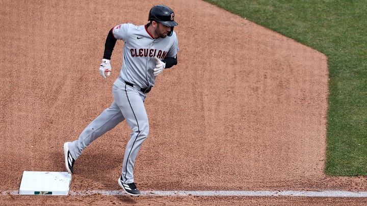 May 2, 2026: Cleveland Guardians right fielder David Fry (6) rounds third base after hitting a solo home run against the Athletics during the sixth inning  at Sutter Health Park. 