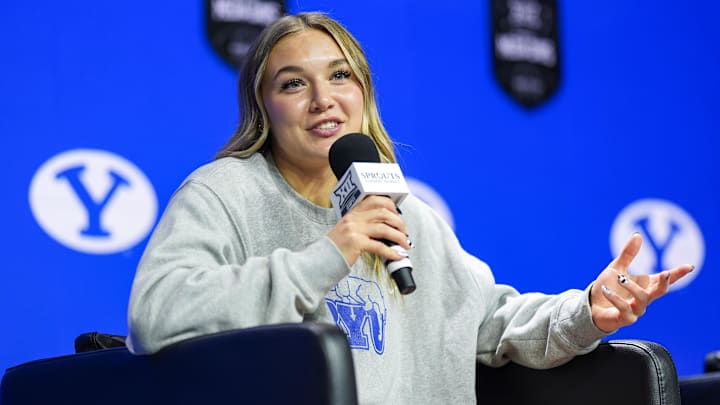 Oct 22, 2024; Kansas City, MO, USA; BYU Cougars guard Amari Whiting (1) talks to media during Big 12 Women’s Basketball Media Day at T-Mobile Center. Mandatory Credit: Jay Biggerstaff-Imagn Images