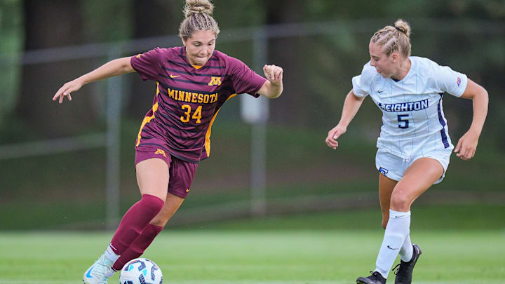 Gophers soccer standout Khyah Harper in action against Creighton on Aug. 15, 2024, at Elizabeth Lyle Robbie Stadium in St. Paul, Minn. 