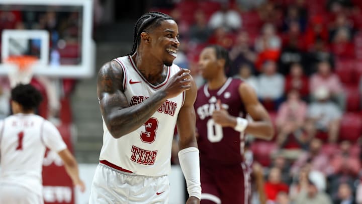 Feb 25, 2026; Tuscaloosa, Alabama, USA; Alabama Crimson Tide guard Latrell Wrightsell Jr. (3) reacts with the student section during the second half against the Mississippi State Bulldogs at Coleman Coliseum. Mandatory Credit: David Leong-Imagn Images