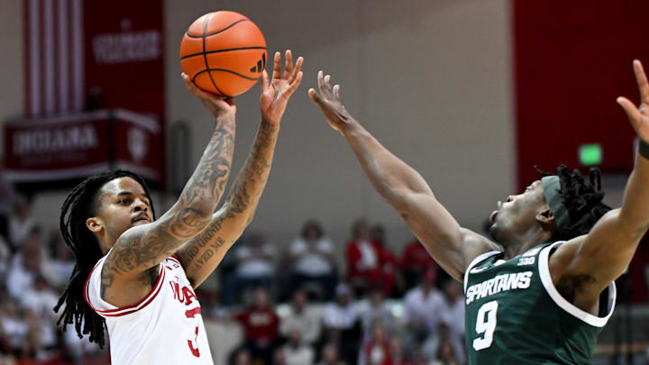 Mar 1, 2026; Bloomington, Indiana, USA; Indiana Hoosiers guard Lamar Wilkerson (3) shoots over Michigan State Spartans guard Trey Fort (9) during the first half at Simon Skjodt Assembly Hall. Mandatory Credit: Robert Goddin-Imagn Images Mar 1, 2026; Bloomington, Indiana, USA; Indiana Hoosiers guard Lamar Wilkerson (3) shoots over Michigan State Spartans guard Trey Fort (9) during the first half at Simon Skjodt Assembly Hall. Mandatory Credit: Robert Goddin-Imagn Images