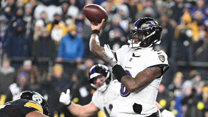 Jan 4, 2026; Pittsburgh, Pennsylvania, USA; Baltimore Ravens quarterback Lamar Jackson (8) drops back to pass against the Pittsburgh Steelers during the first half at Acrisure Stadium. Mandatory Credit: Barry Reeger-Imagn Images