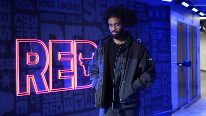 Dec 5, 2025; Chicago, Illinois, USA; Chicago Bulls Coby White enters the United Center before the game against the Indiana Pacers. Mandatory Credit: David Banks-Imagn Images