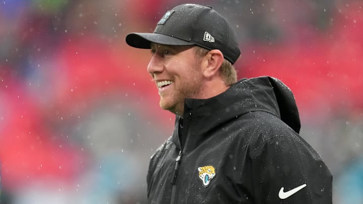 Oct 19, 2025; London, United Kingdom; Jacksonville Jaguars head coach Liam Coen looks on during warmups before a NFL International Series game between the Los Angeles Rams and the Jacksonville Jaguars at Wembley Stadium. Mandatory Credit: Kirby Lee-Imagn Images