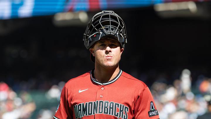 Apr 1, 2026; Phoenix, Arizona, USA; Arizona Diamondbacks catcher James McCann against the Detroit Tigers at Chase Field. Mandatory Credit: Mark J. Rebilas-Imagn Images
