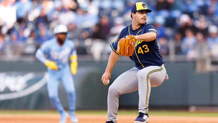 Apr 4, 2026; Kansas City, Missouri, USA; Milwaukee Brewers pitcher Logan Henderson (43) pitches during the first inning against the Kansas City Royals  at Kauffman Stadium. Mandatory Credit: William Purnell-Imagn Images