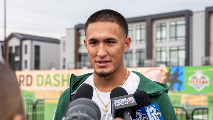 2025 NFL Draft Prospect Tetairoa McMillan, wide receiver at Arizona, speaks to the press after the Play Football Prospect Clinic event on Wednesday April 23, 2025 in the Titletown District in Ashwaubenon, Wis.