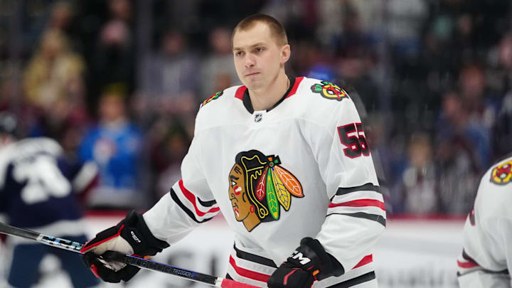 Mar 10, 2025; Denver, Colorado, USA; Chicago Blackhawks defenseman Artyom Levshunov (55) warms up before the game against the Colorado Avalanche at Ball Arena. Mandatory Credit: Ron Chenoy-Imagn Images