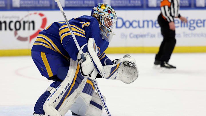 Mar 15, 2021; Buffalo, New York, USA;  Buffalo Sabres goaltender Carter Hutton (40) looks for the