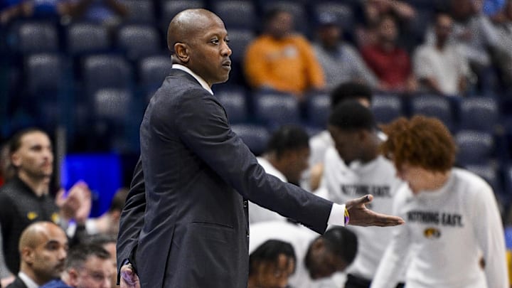 Missouri Tigers head coach Dennis Gates holds his hand out after a made three point basket, in a game against the Mississippi State Bulldogs last season.