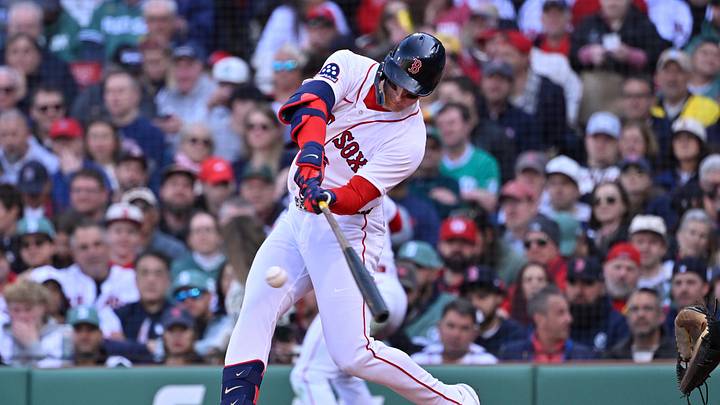 Apr 3, 2026; Boston, Massachusetts, USA; Boston Red Sox designated hitter Roman Anthony (19) hits a single against the San Diego Padres during the fifth inning at Fenway Park. Mandatory Credit: Eric Canha-Imagn Images