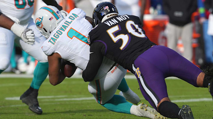 Dec 31, 2023; Baltimore, Maryland, USA; Baltimore Ravens  linebacker Kyle Van Noy (50) sacks Miami