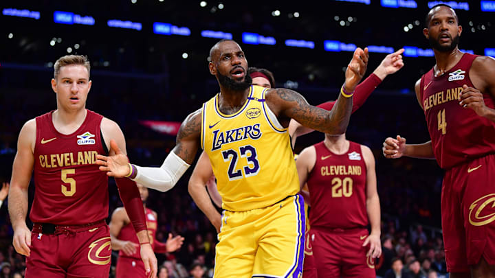Dec 31, 2024; Los Angeles, California, USA; Los Angeles Lakers forward LeBron James (23) reacts during the first half at Crypto.com Arena. Mandatory Credit: Gary A. Vasquez-Imagn Images