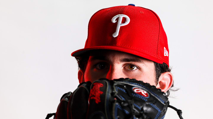 Feb 23, 2023; Clearwater, FL, USA; Philadelphia Phillies pitcher Andrew Painter (76) during photo day at BayCare Ballpark. 