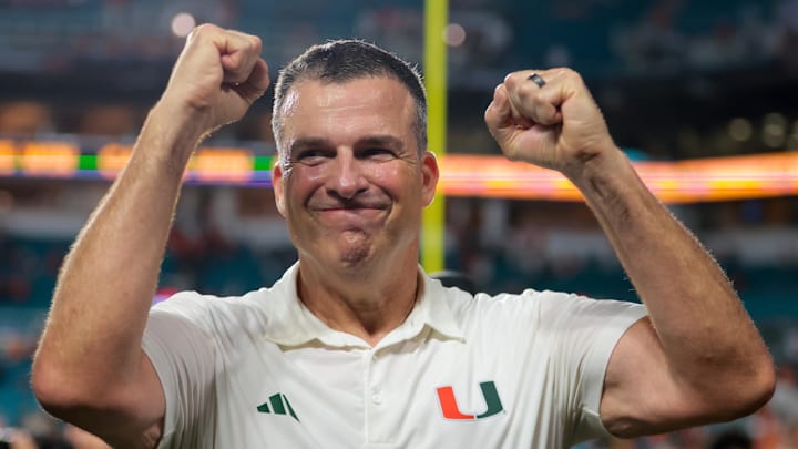 Sep 20, 2025; Miami Gardens, Florida, USA; Miami Hurricanes head coach Mario Cristobal reacts after the game against the Florida Gators at Hard Rock Stadium. Mandatory Credit: Sam Navarro-Imagn Images