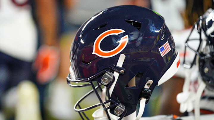 Aug 22, 2024; Kansas City, Missouri, USA; A general view of a Chicago Bears helmet against the Kansas City Chiefs during the second half at GEHA Field at Arrowhead Stadium. Mandatory Credit: Denny Medley-Imagn Images
