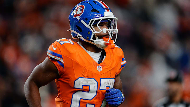 Nov 6, 2025; Denver, Colorado, USA; Denver Broncos running back J.K. Dobbins (27) in the fourth quarter against the Las Vegas Raiders at Empower Field at Mile High. Mandatory Credit: Isaiah J. Downing-Imagn Images