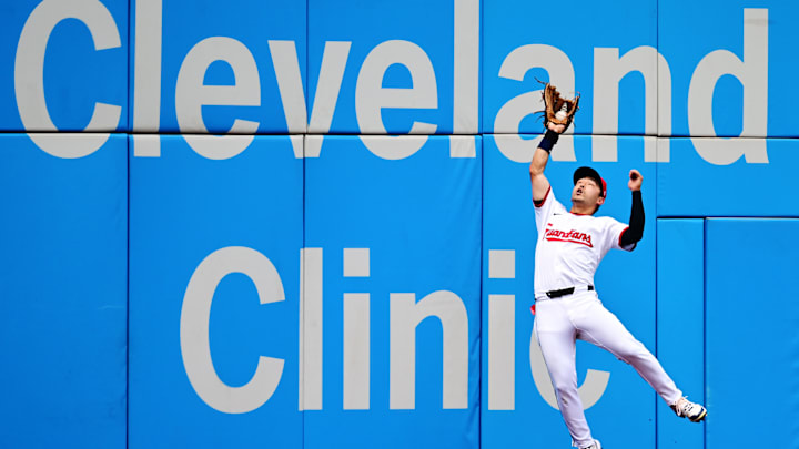Jul 6, 2025; Cleveland, Ohio, USA; Cleveland Guardians left fielder Steven Kwan (38) catches a ball hit by Detroit Tigers second baseman Colt Keith (not pictured) during the third inning at Progressive Field. Mandatory Credit: Ken Blaze-Imagn Images