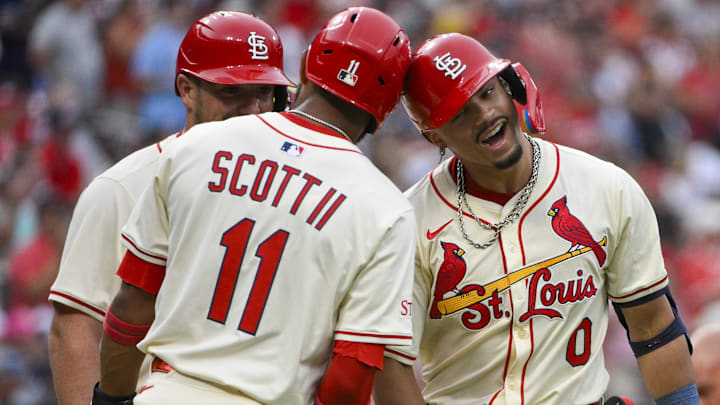 Aug 16, 2025; St. Louis, Missouri, USA;  St. Louis Cardinals shortstop Masyn Winn (0) celebrates with center fielder Victor Scott II (11) after hitting a three run home run against the New York Yankees during the second inning at Busch Stadium. Mandatory Credit: Jeff Curry-Imagn Images
