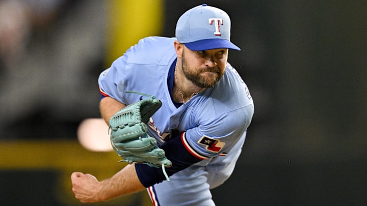 Aug 24, 2025; Arlington, Texas, USA; Texas Rangers relief pitcher Danny Coulombe (54) pitches against the Cleveland Guardians during the eighth inning at Globe Life Field. Mandatory Credit: Jerome Miron-Imagn Images