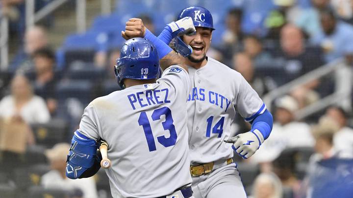 Jun 23, 2026; St. Petersburg, Florida, USA; Kansas City Royals first baseman Jac Caglianone (14) celebrates a run with catcher Salvador Perez (13) during the fifth inning against Tampa Bay Rays at Tropicana Field. Mandatory Credit: Pablo Robles-Imagn Images