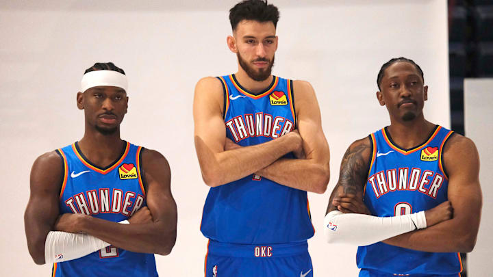 Shai Gilgeous-Alexander (2), Chet Holmgren (7) and Jalen Williams (8) during the Thunder Media Day for the 25-26 NBA season at the Paycom Center Monday, Sept. 29, 2025.