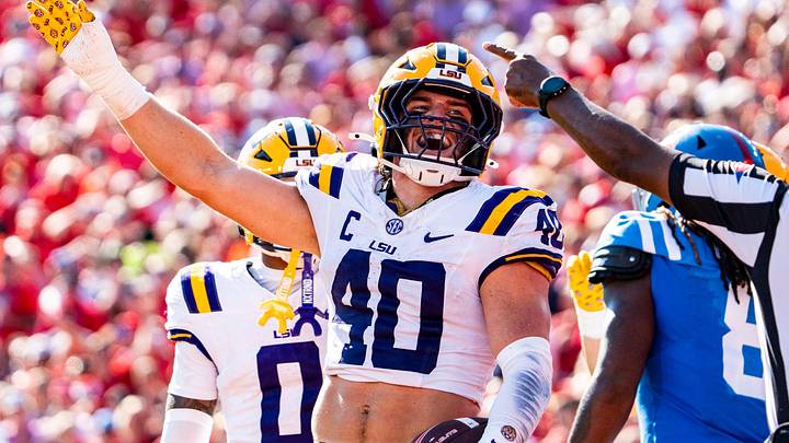 LSU linebacker Whit Weeks (40) gestures toward the crowd after a turnover during a college football game between Ole Miss and LSU at Vaught-Hemingway Stadium in Oxford, Miss., on Saturday, Sept. 27, 2025.