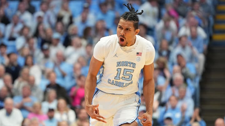 Feb 14, 2026; Chapel Hill, North Carolina, USA; North Carolina Tar Heels forward Jarin Stevenson (15) reacts after making a three point shot in the first half at Dean E. Smith Center. Mandatory Credit: Bob Donnan-Imagn Images Feb 14, 2026; Chapel Hill, North Carolina, USA; North Carolina Tar Heels forward Jarin Stevenson (15) reacts after making a three point shot in the first half at Dean E. Smith Center. Mandatory Credit: Bob Donnan-Imagn Images