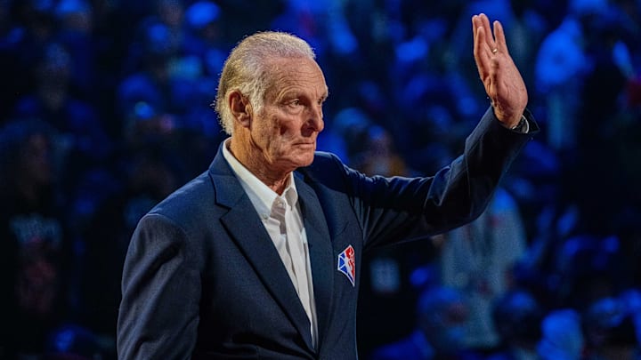 February 20, 2022; Cleveland, Ohio, USA; NBA great Rick Barry is honored for being selected to the NBA 75th Anniversary Team during halftime in the 2022 NBA All-Star Game at Rocket Mortgage FieldHouse. Mandatory Credit: Kyle Terada-Imagn Images