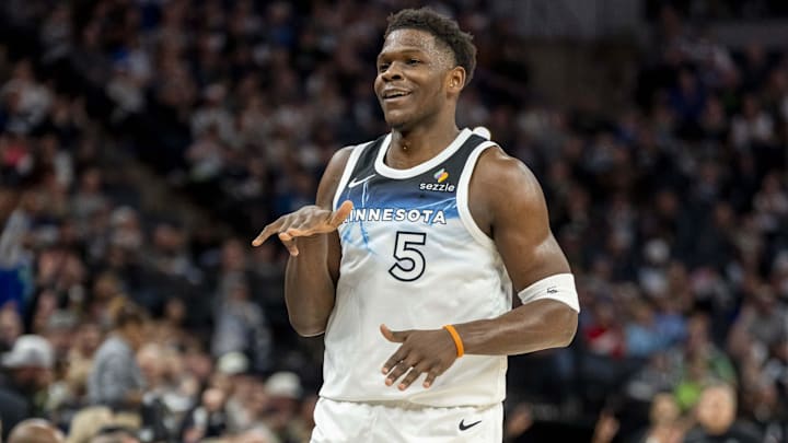 Mar 16, 2025; Minneapolis, Minnesota, USA; Minnesota Timberwolves guard Anthony Edwards (5) celebrates after making a shot against the Utah Jazz in the first half at Target Center. Mandatory Credit: Jesse Johnson-Imagn Images