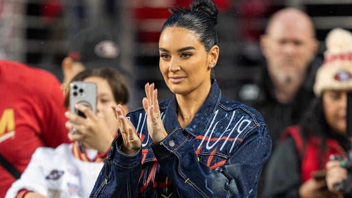 January 20, 2024; Santa Clara, CA, USA; Claire Kittle, wife of San Francisco 49ers tight end George Kittle (85)  looks on before a 2024 NFC divisional round game against the Green Bay Packers at Levi's Stadium.
