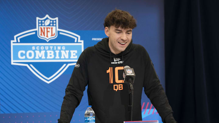 Feb 28, 2025; Indianapolis, IN, USA; Florida quarterback Graham Mertz (QB10) talks to the press during the 2025 NFL Combine at Indiana Convention Center. Mandatory Credit: Stephanie Amador Blondet-Imagn Images Feb 28, 2025; Indianapolis, IN, USA; Florida quarterback Graham Mertz (QB10) talks to the press during the 2025 NFL Combine at Indiana Convention Center. Mandatory Credit: Stephanie Amador Blondet-Imagn Images