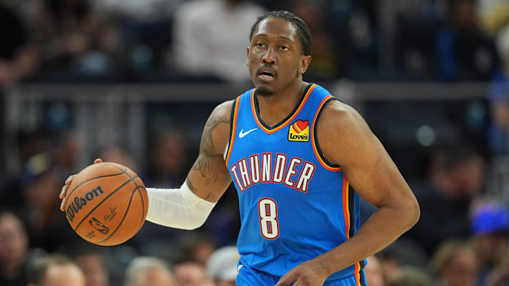 Jan 2, 2026; San Francisco, California, USA; Oklahoma City Thunder guard Jalen Williams (8) during the third quarter against the Golden State Warriors at Chase Center. Mandatory Credit: Darren Yamashita-Imagn Images