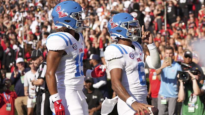 Oct 18, 2025; Athens, Georgia, USA; Mississippi Rebels quarterback Trinidad Chambliss (6) celebrates his touchdown against the Georgia Bulldogs with Mississippi Rebels wide receiver Izaiah Hartrup (15) during the first quarter of the game at Sanford Stadium. Mandatory Credit: Dale Zanine-Imagn Images Oct 18, 2025; Athens, Georgia, USA; Mississippi Rebels quarterback Trinidad Chambliss (6) celebrates his touchdown against the Georgia Bulldogs with Mississippi Rebels wide receiver Izaiah Hartrup (15) during the first quarter of the game at Sanford Stadium. Mandatory Credit: Dale Zanine-Imagn Images