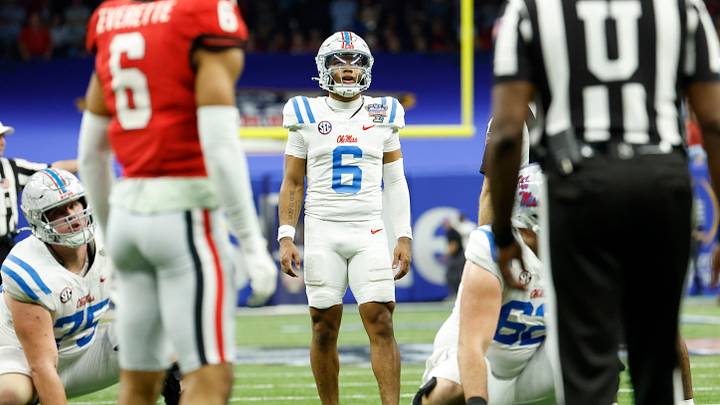 Jan 1, 2026; New Orleans, LA, USA; Mississippi Rebels quarterback Trinidad Chambliss (6) prepares for a snap in the second half during the 2026 Sugar Bowl and quarterfinal game of the College Football Playoff against the Georgia Bulldogs at Caesars Superdome. Mandatory Credit: Amber Searls-Imagn Images