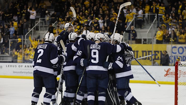 The Penn State Nittany Lions celebrate their win over the Michigan Wolverines in the Big Ten Tournament. 