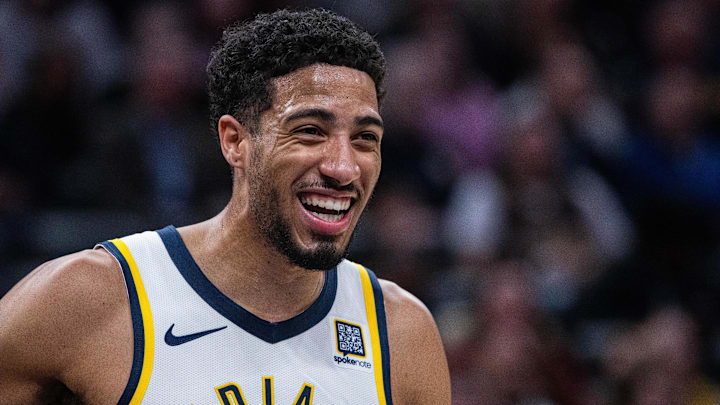 Apr 8, 2025; Indianapolis, Indiana, USA; Indiana Pacers guard Tyrese Haliburton (0) in the first half against the Washington Wizards at Gainbridge Fieldhouse. Mandatory Credit: Trevor Ruszkowski-Imagn Images