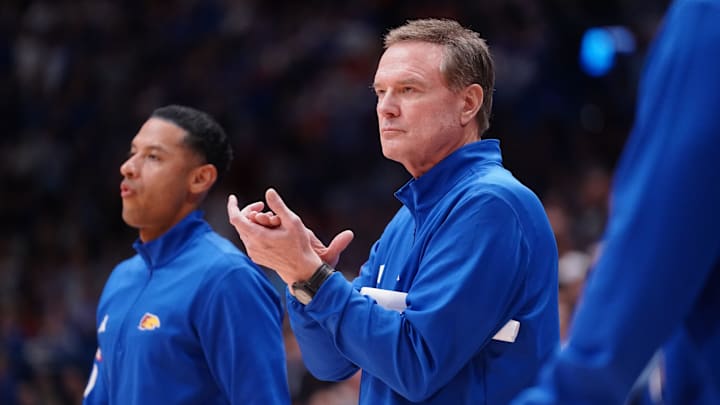 Kansas Jayhawks head coach Bill Self applauds a play against Houston Cougars during the game inside Allen Fieldhouse on Monday, Feb. 23, 2026.
