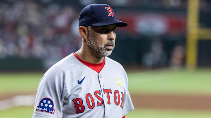 Sep 7, 2025; Phoenix, Arizona, USA; Boston Red Sox manager Alex Cora against the Arizona Diamondbacks at Chase Field. Mandatory Credit: Mark J. Rebilas-Imagn Images