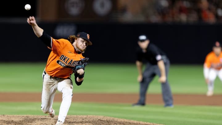 Jun 2, 2024; Stillwater, OK, USA; Oklahoma State utility Carson Benge (3) pitches the ball during a NCAA regional baseball game against Florida at O'Brate Stadium. Mandatory Credit: Mitch Alcala-The Oklahoman